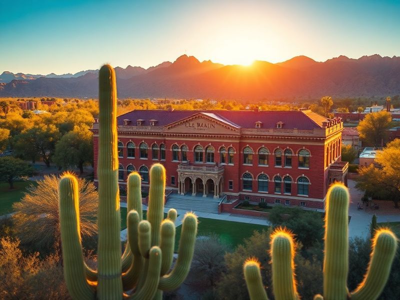 A vibrant campus scene at the University of Arizona in Tucson, featuring iconic red-brick buildings, students walking between