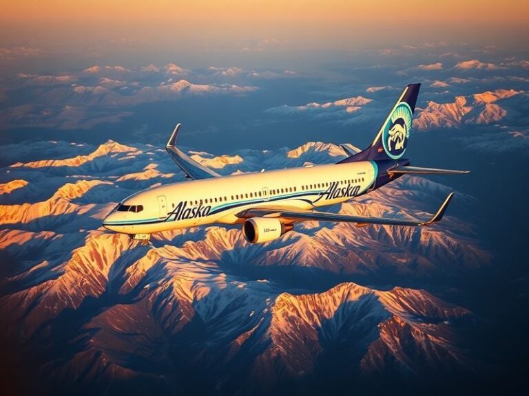 A modern Alaska Airlines Boeing 737 MAX 9 aircraft in flight against a backdrop of snow-capped mountains and a clear blue sky