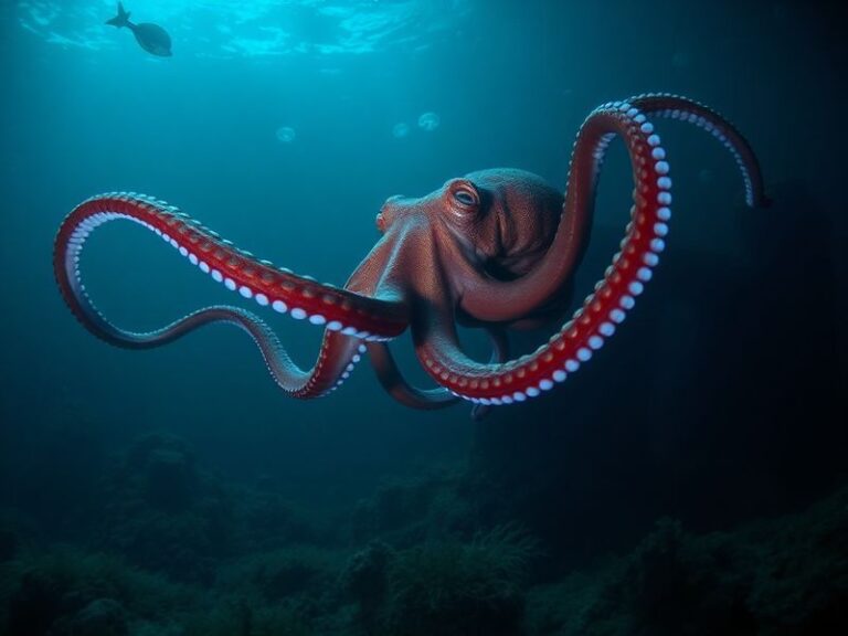 A close-up underwater shot of a giant octopus in its natural habitat, with detailed tentacles and skin texture visible. The c