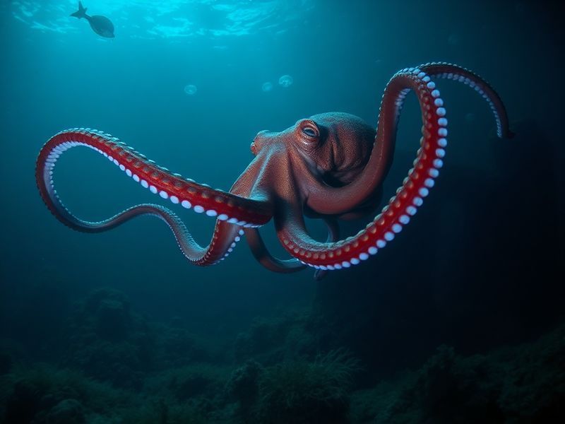 A close-up underwater shot of a giant octopus in its natural habitat, with detailed tentacles and skin texture visible. The c