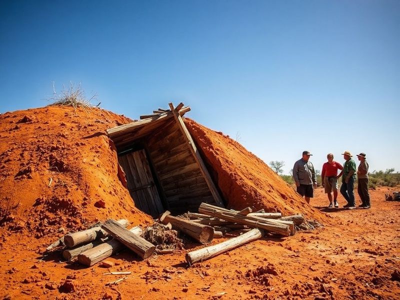 Aerial view of a collapsed wooden toilet cubicle in a remote Australian outback setting, with emergency services cordoning of