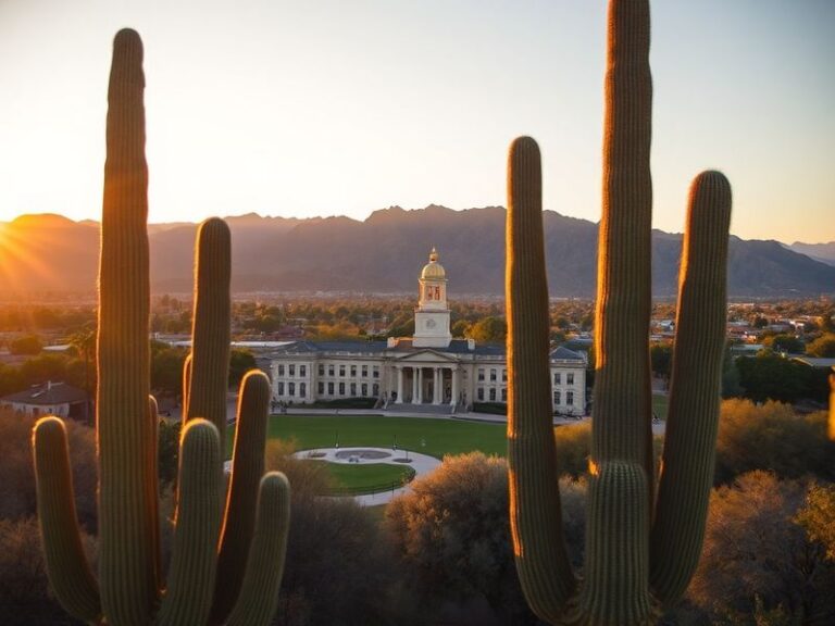 A panoramic view of the University of Arizona campus featuring Old Main, modern buildings, and the Santa Catalina Mountains i