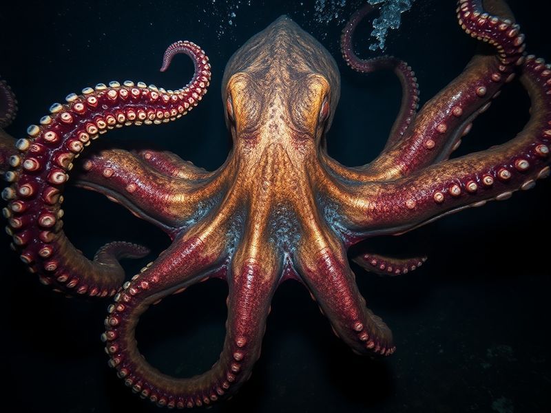 A close-up underwater shot of a giant octopus in its natural rocky reef habitat, with vibrant colors and intricate textures v