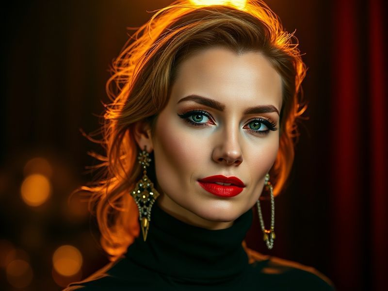 A well-lit studio shot of Klaudia Stec (klaudiaglam) applying makeup, surrounded by colorful cosmetics and a ring light, conv