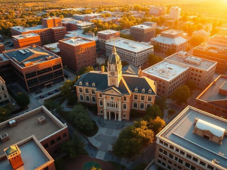 A vibrant aerial shot of the University of Arizona campus at sunset, featuring the Main Library, McKale Center, and the iconi