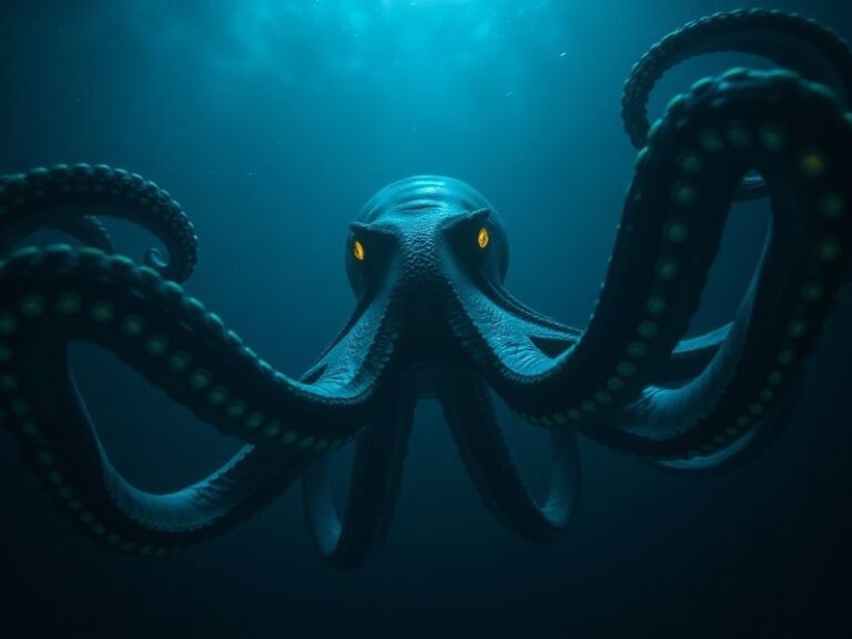 A deep-sea diver encounters a giant Pacific octopus in its natural habitat, showcasing its camouflage abilities and massive t