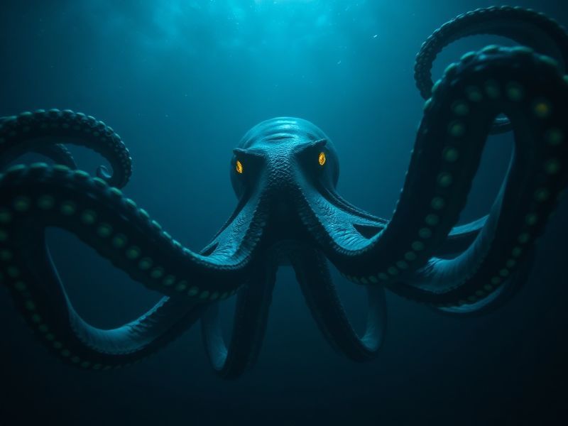 A deep-sea diver encounters a giant Pacific octopus in its natural habitat, showcasing its camouflage abilities and massive t