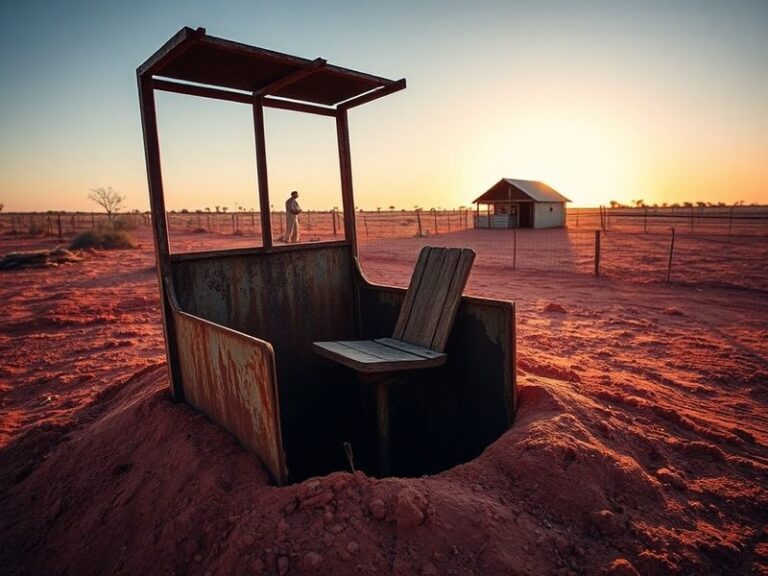 A damaged long-drop toilet structure partially collapsed into a pit, surrounded by warning tape and outback landscape with re