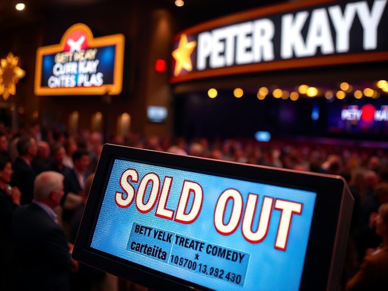 A vibrant concert hall filled with fans holding up phones, with a spotlight on an empty stage awaiting Peter Kay. The atmosph