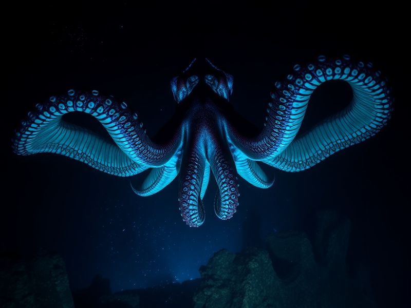 A high-resolution underwater photograph of a Giant Pacific Octopus in its natural habitat, surrounded by coral and marine pla