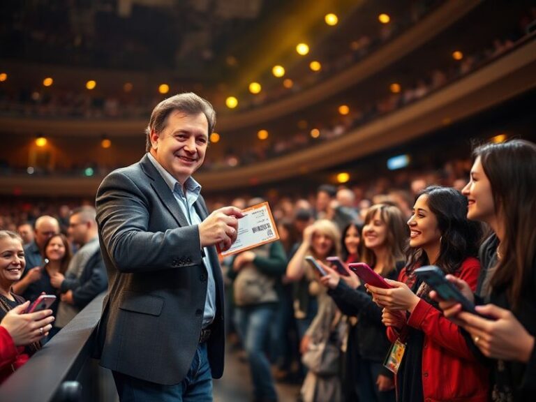 A vibrant concert hall packed with fans, stage lit in warm tones, as Peter Kay stands center stage with a microphone, smiling