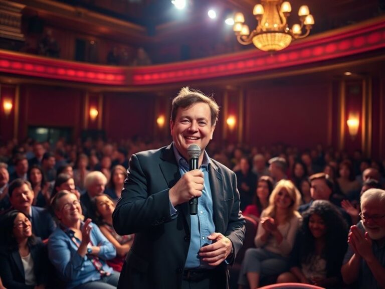 A vibrant concert hall packed with cheering fans, bathed in warm stage lights, with a large screen displaying Peter Kay’s sig