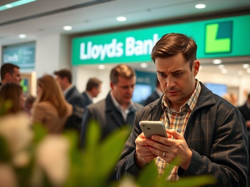 A professional bank lobby with customers using digital devices, representing modern banking security and customer alerts. The