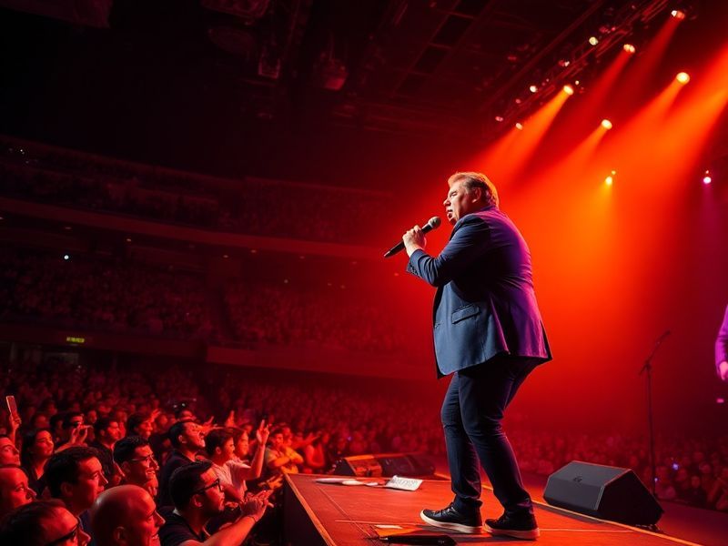 A packed theatre with Peter Kay on stage, mid-laugh, under warm stage lights. The audience is blurred in the foreground, crea