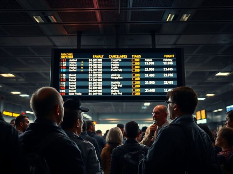 A busy airport terminal with canceled flight announcements displayed on screens, passengers checking phones for updates, and