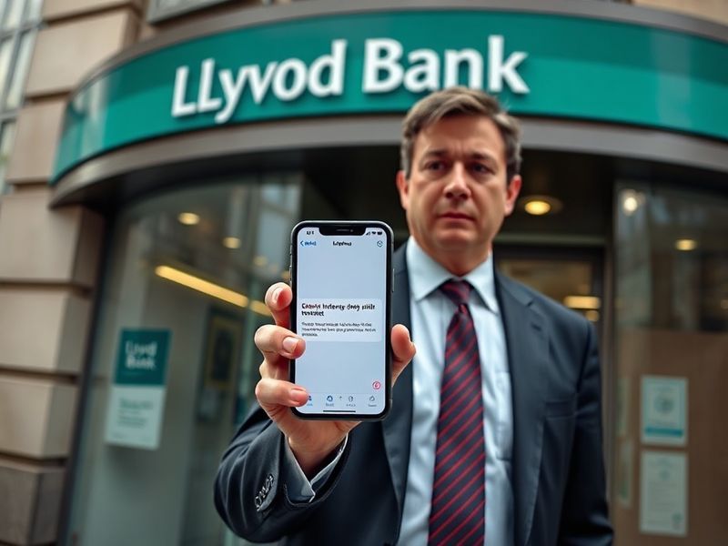 A concerned person checking their smartphone while sitting at a desk with a laptop. The screen shows a fake Lloyds Bank email