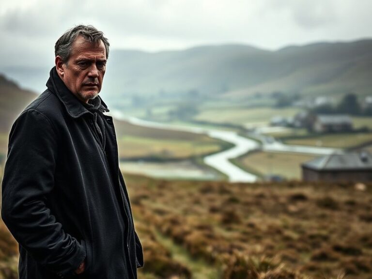 A moody portrait of Joe Tate in a dark suit, standing against a Yorkshire Dales backdrop with misty fields, conveying quiet p