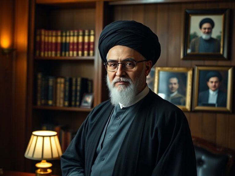 A formal portrait of Mojtaba Khamenei in a traditional Iranian setting, with the Iranian flag and Supreme Leader's office in