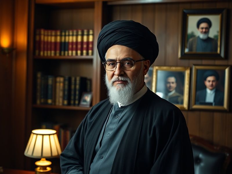 A formal portrait of Mojtaba Khamenei in a traditional Iranian setting, with the Iranian flag and Supreme Leader's office in
