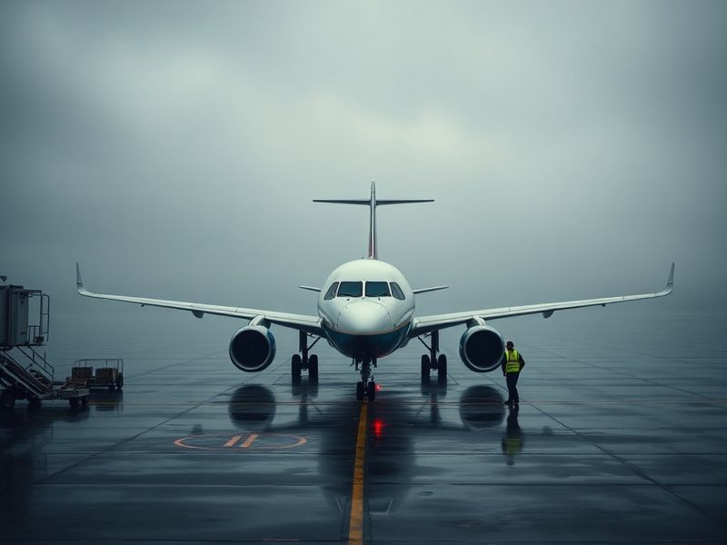 A busy airport terminal with delayed flight boards, passengers waiting with luggage, and a fuel truck parked on the tarmac un