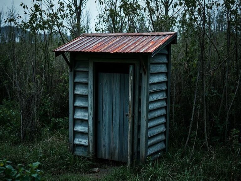 A rustic long drop toilet structure elevated on wooden posts in a dry, desert landscape. The outhouse has a corrugated metal
