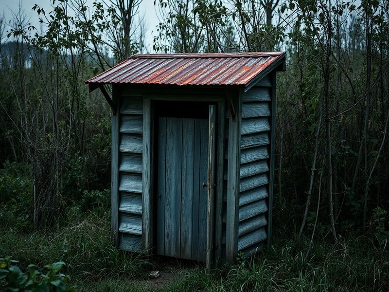 A rustic long drop toilet structure elevated on wooden posts in a dry, desert landscape. The outhouse has a corrugated metal