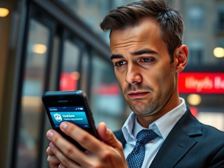A smartphone displaying the Lloyds Bank app alongside a laptop showing a secure login screen. The background features a moder