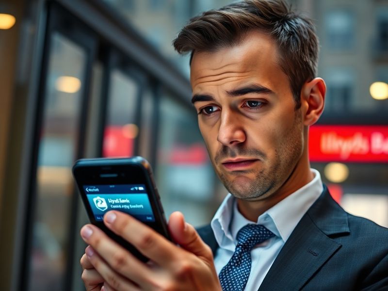 A smartphone displaying the Lloyds Bank app alongside a laptop showing a secure login screen. The background features a moder