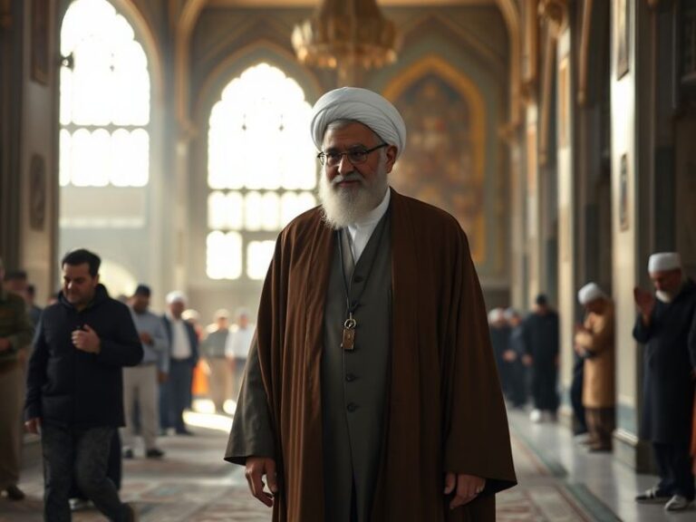 A formal portrait of Mojtaba Khamenei in traditional clerical attire, seated in a dimly lit room with subtle Iranian architec
