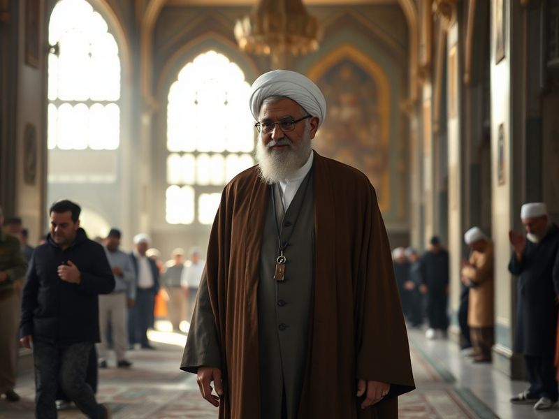 A formal portrait of Mojtaba Khamenei in traditional clerical attire, seated in a dimly lit room with subtle Iranian architec