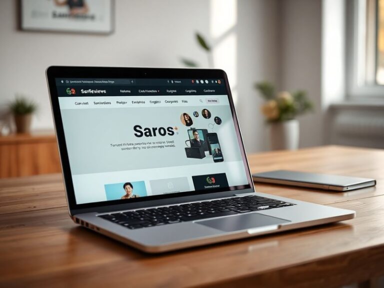 A split-screen image showing a diverse group of people using smartphones and laptops to browse Saros Reviews, with a focus on