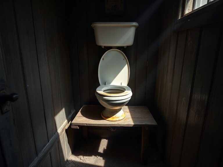 A rustic long drop toilet structure elevated on a wooden platform with a vertical drop pipe leading to a sealed pit below, se