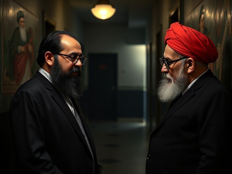 A dimly lit, moody portrait of Mojtaba Khamenei in profile, dressed in traditional Iranian attire with a serious expression.