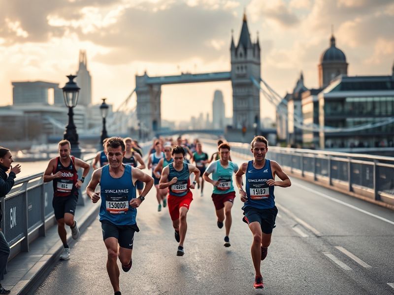 A vibrant aerial shot of the London Marathon route with runners, spectators, and iconic landmarks like Big Ben and Tower Brid