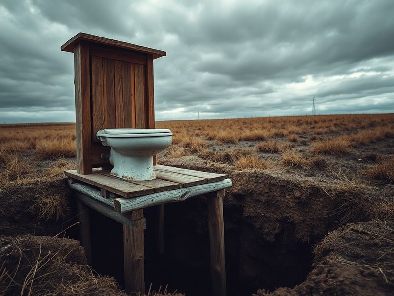 A rustic long drop toilet structure made of wood and metal, situated in a remote forest clearing. The toilet house has a slop