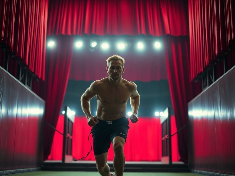 A dynamic photo of Jamie Bissmire in the Gladiators studio, wearing a headset and smiling as he introduces a challenge, with