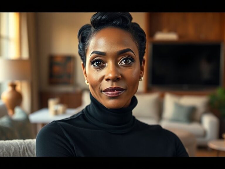 A professional portrait of Jada Pinkett Smith in a stylish, modern setting, exuding confidence and warmth. She wears a bold o