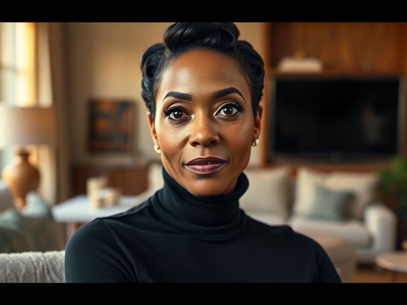 A professional portrait of Jada Pinkett Smith in a stylish, modern setting, exuding confidence and warmth. She wears a bold o