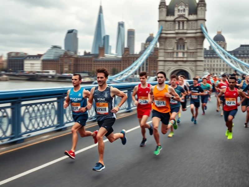 A vibrant scene of the London Marathon with runners in motion along the iconic route, surrounded by cheering crowds, colorful