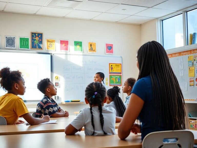 A vibrant classroom scene in a Miami-Dade school featuring diverse students engaged in a technology-based lesson with a teach