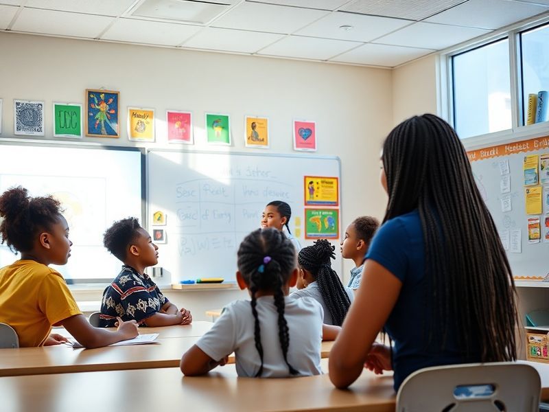 A vibrant classroom scene in a Miami-Dade school featuring diverse students engaged in a technology-based lesson with a teach