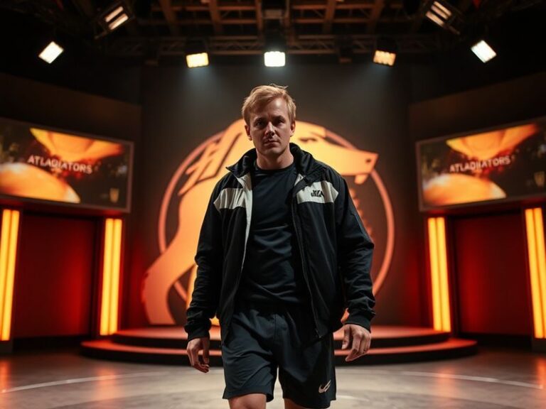 A split-screen image of Jamie Bigg mid-action on the Gladiators set, juxtaposed with a nostalgic shot of the original 1990s G