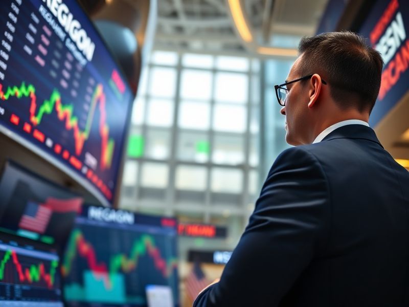 A professional stock chart overlayed with a biotech laboratory scene, showing microscopes, test tubes, and a digital screen d