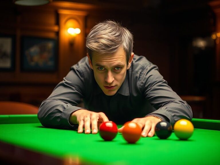 A focused action shot of Ken Doherty mid-shot during a high-stakes snooker match, wearing a white snooker shirt with a determ