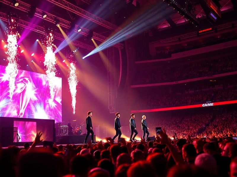 A vibrant nighttime shot of Raymond James Stadium illuminated in purple lights, with a massive BTS logo on the jumbotron and