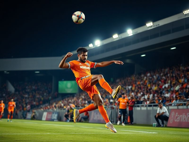 A mid-action shot of the Northeast United vs Goa match at Fatorda Stadium, showing players in red and black (Northeast) and o