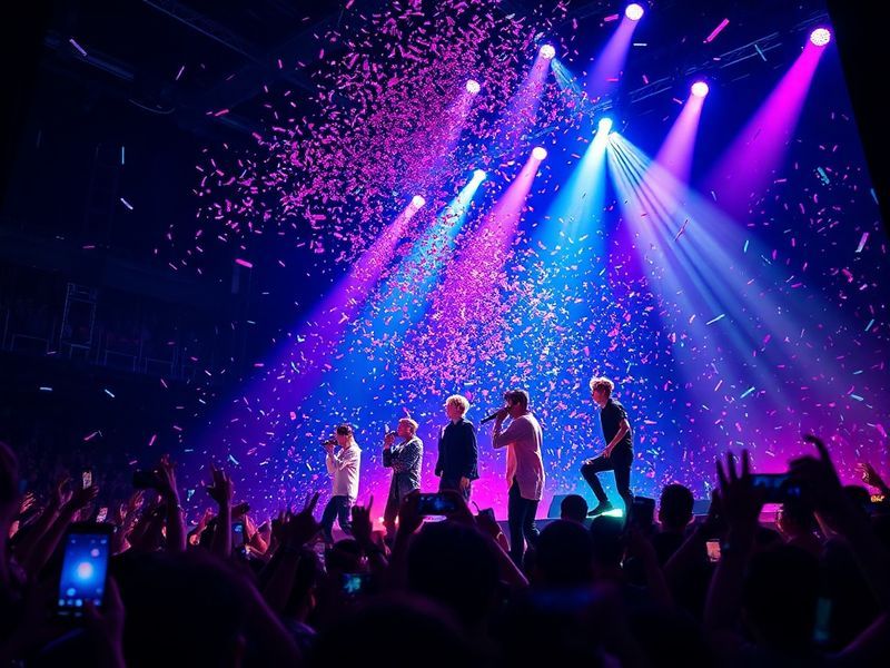 A vibrant concert scene featuring BTS performing on stage at Amalie Arena in Tampa, with a crowd of fans waving light sticks,