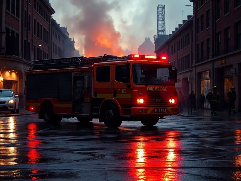 A somber nighttime scene of the Address Hotel in Manchester engulfed in flames, with firefighters silhouetted against the fir