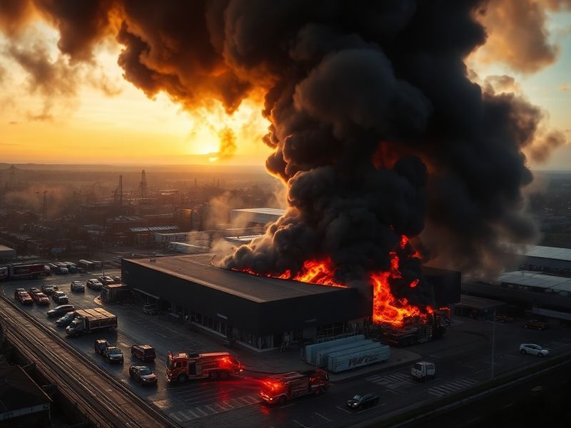 A dramatic nighttime scene showing thick black smoke billowing over Trafford Park industrial estate, with emergency vehicles