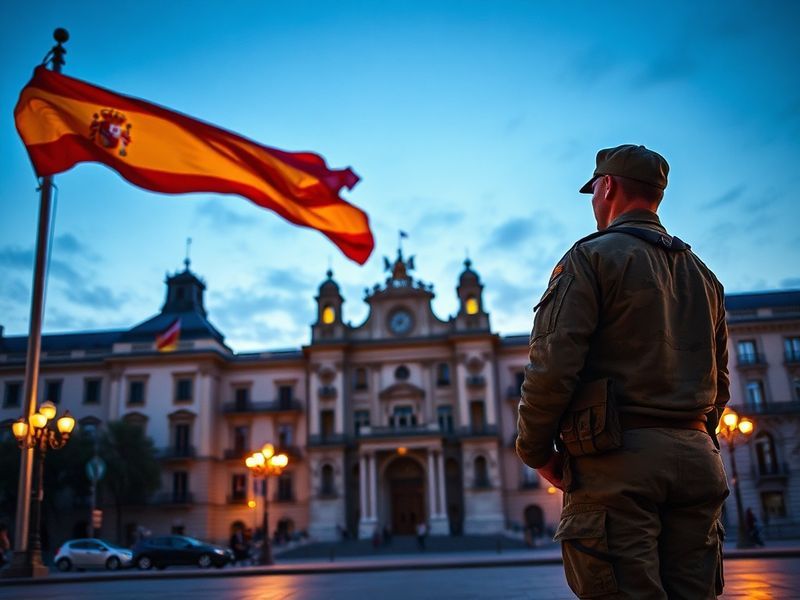 A high-angle shot of a Spanish Navy frigate docked in a Mediterranean port, with NATO flags flying alongside the Spanish flag